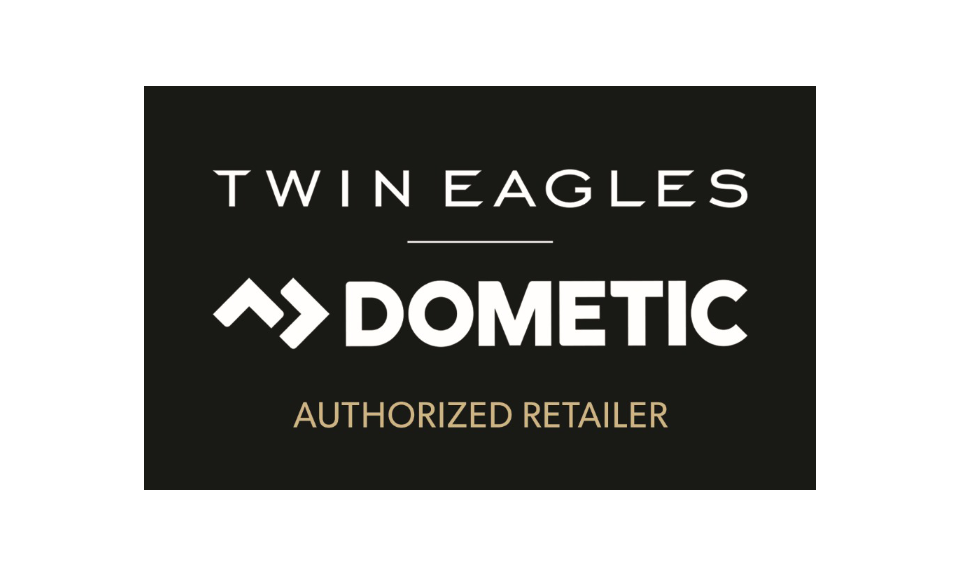 Logo of Twin Eagles and Dometic on a black background
